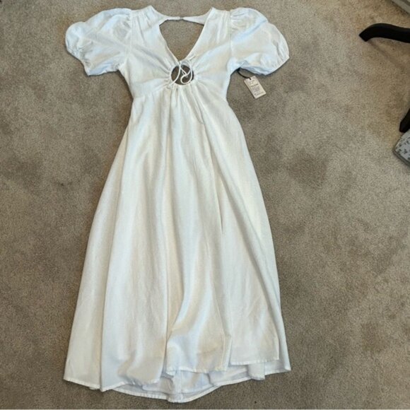 SINCERELY JULES WHITE SHORT SLEEVE RUCHED KEYHOLE MIDI DRESS Sz M NWT PRARIE - Picture 7 of 13